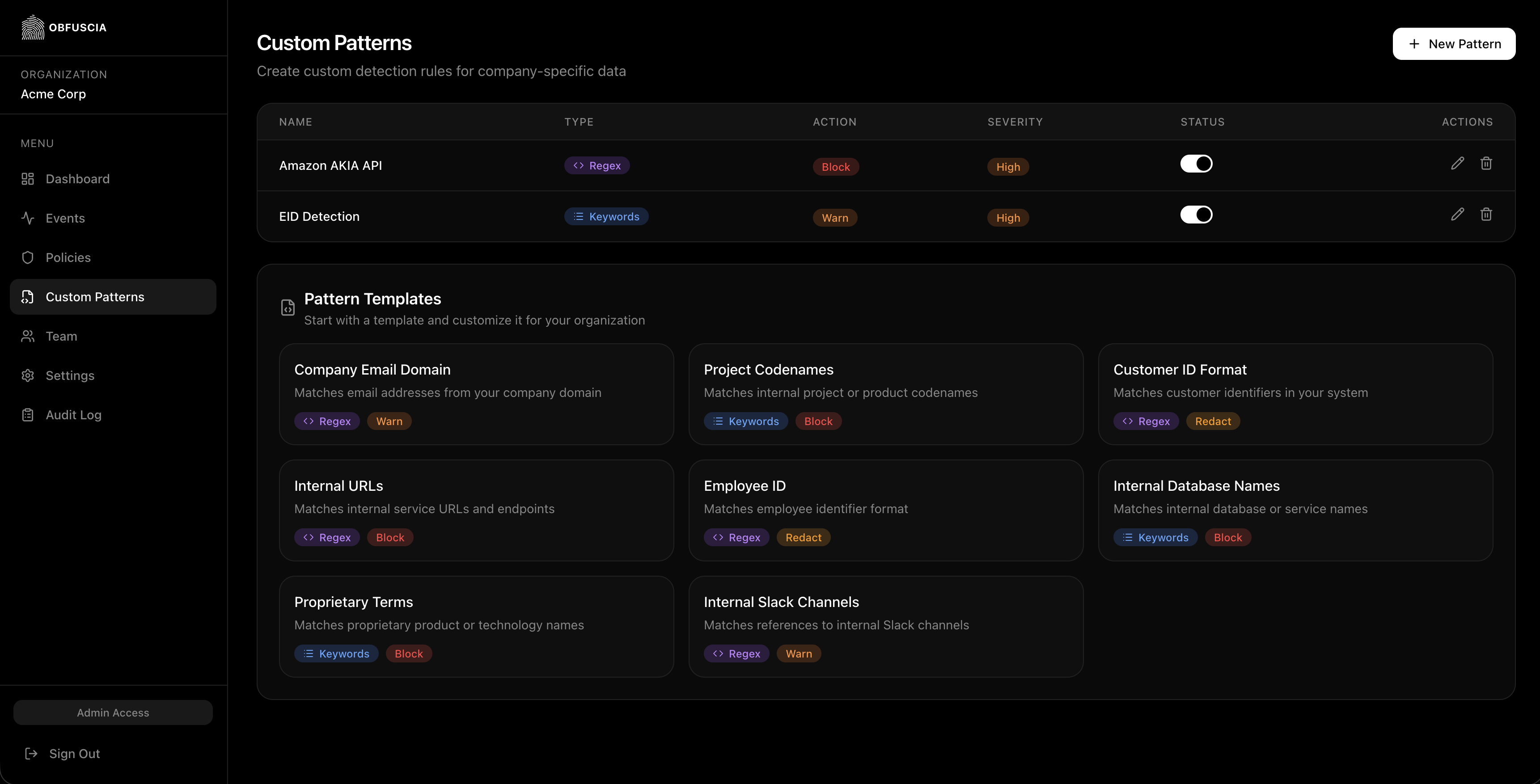 Obfusca custom patterns screen showing regex and keyword rules with templates