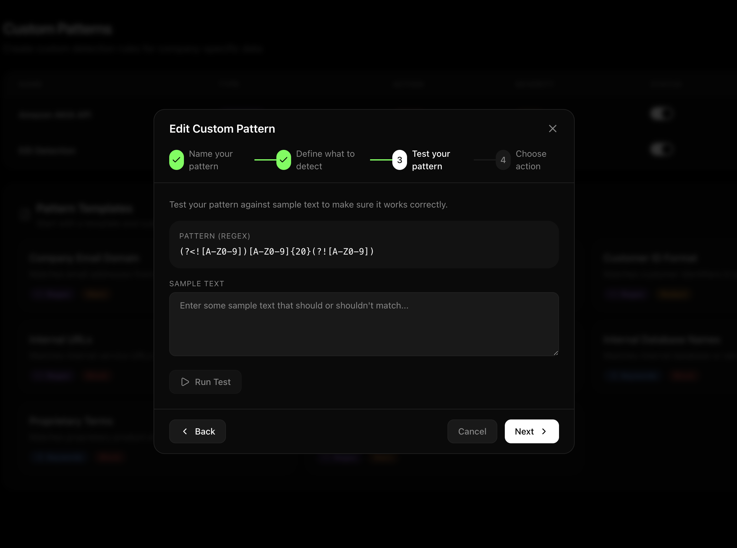 Obfusca pattern testing interface showing regex testing against sample text