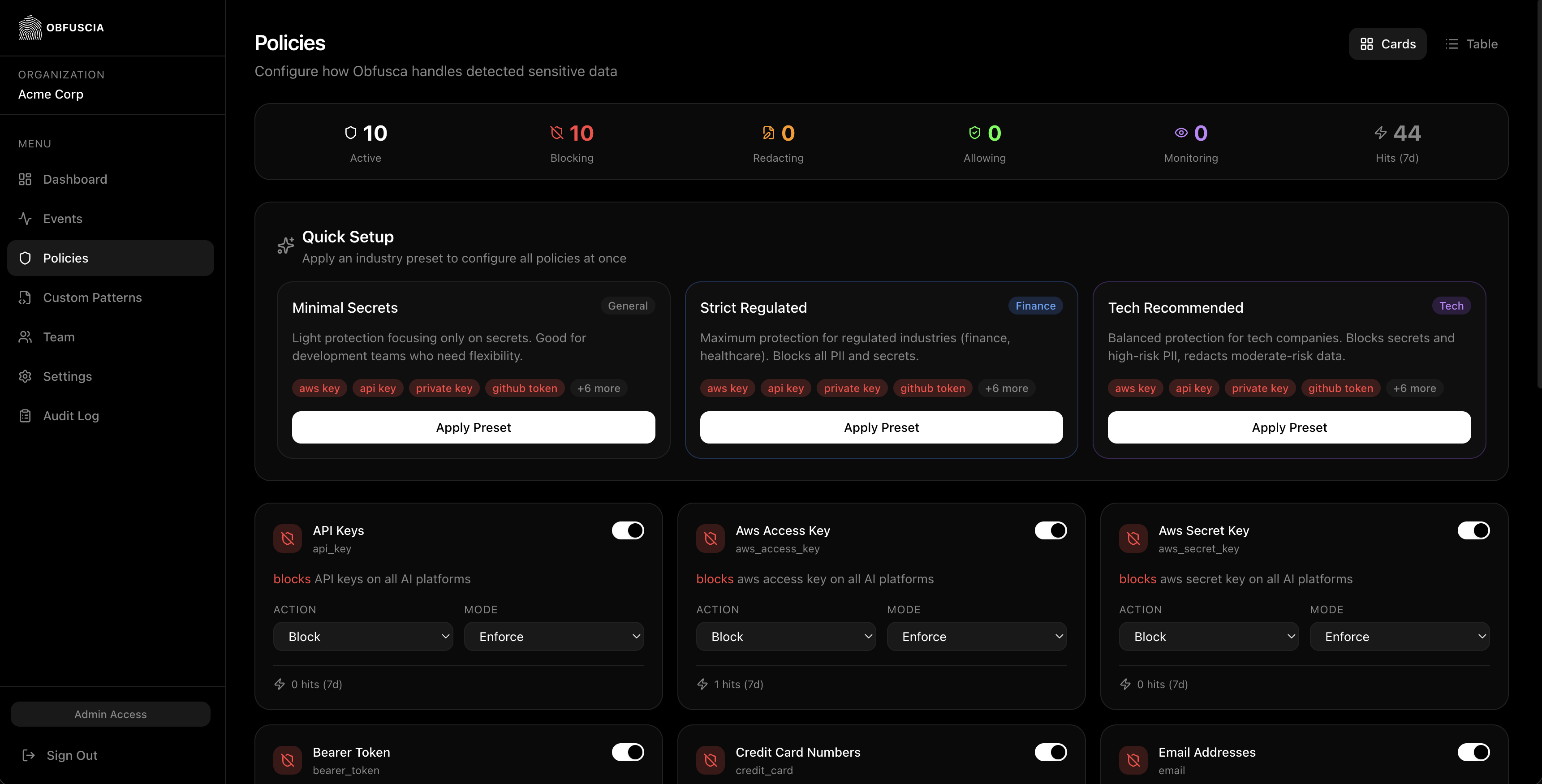 Obfusca policy configuration dashboard showing policy presets and per-pattern actions